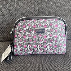 Bebe Pink Heart & Zebra Print Travel Cosmetic Bag- w/2 travel toiletries bottles